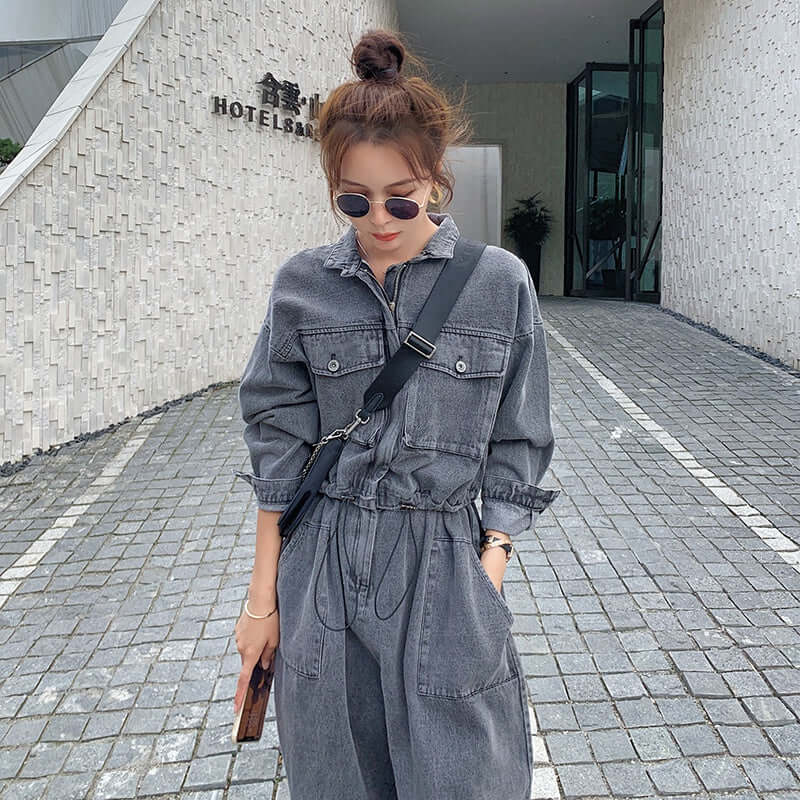 Gray Denim Overalls Jumpsuit with Long Sleeve for Women