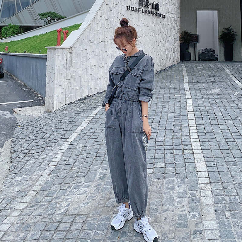 Gray Denim Overalls Jumpsuit with Long Sleeve for Women