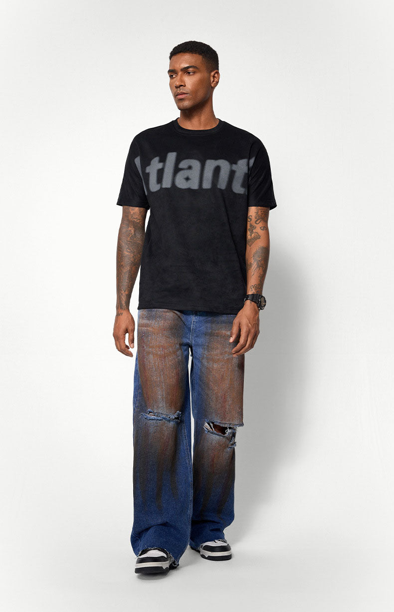 Men's blue wide-leg ripped jeans