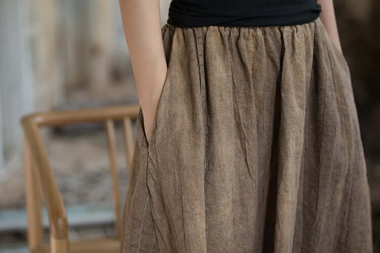 Vintage A-Line Linen Maxi Skirt with High Elastic Waist