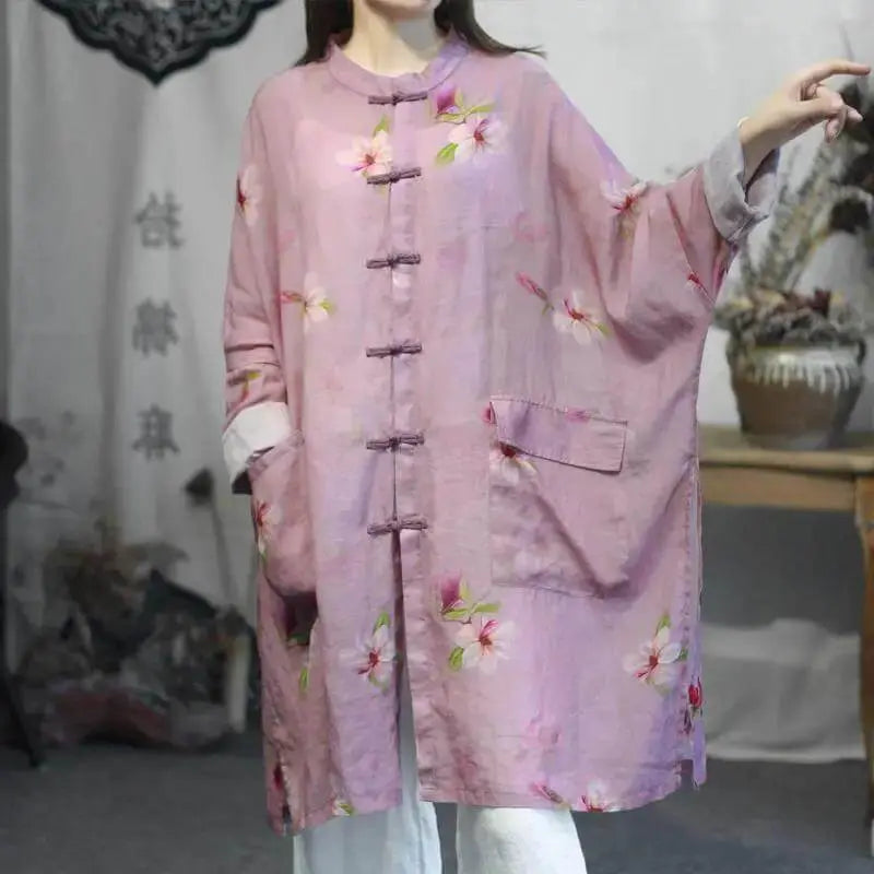 Pink Loose Ramie Pocket Shirt with Abstract Print for Women Thebesttailor