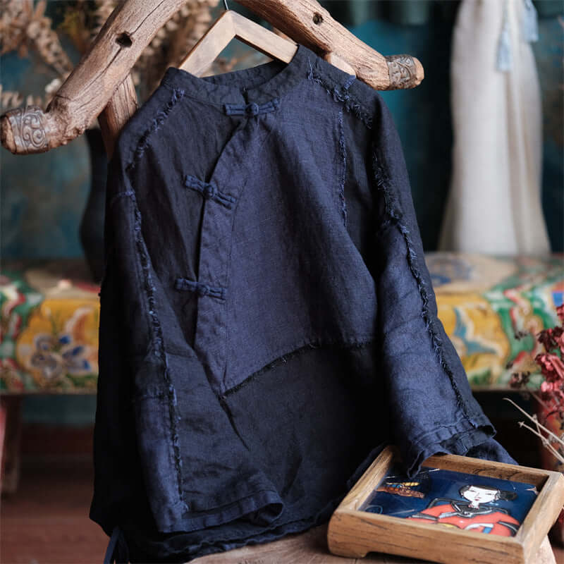 Vintage Navy Blue Linen Drop Shoulder Blouse for Women