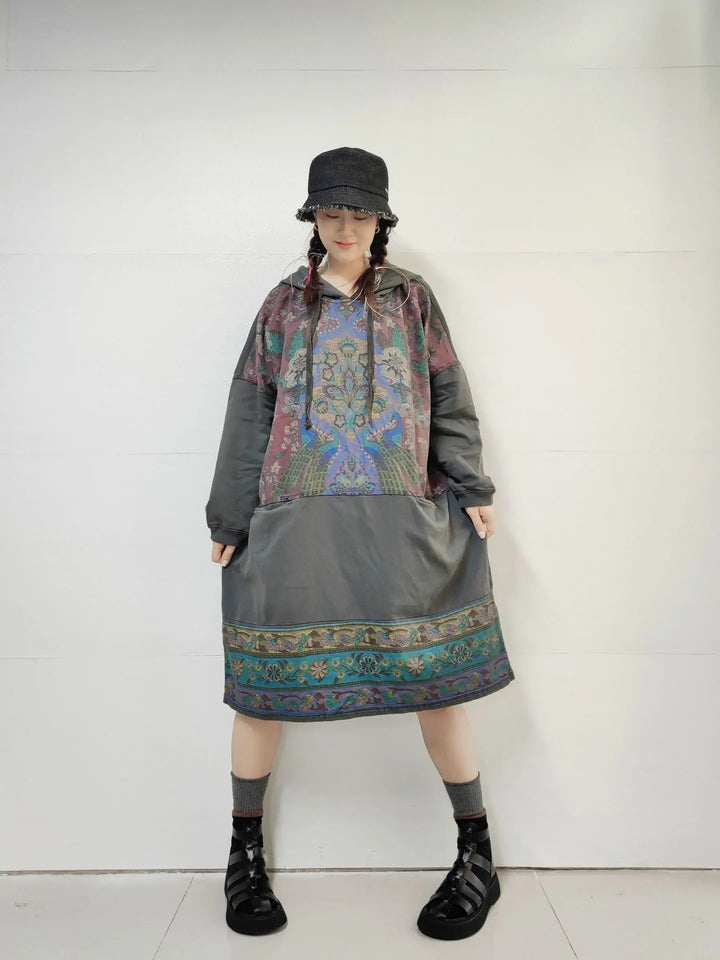 Women's Spring Printed Hooded Dress in Retro Style