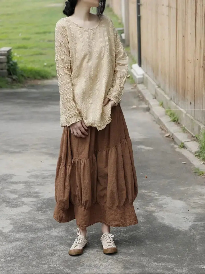 Vintage Caramel Linen Lantern Skirt with Artistic Flair Thebesttailor