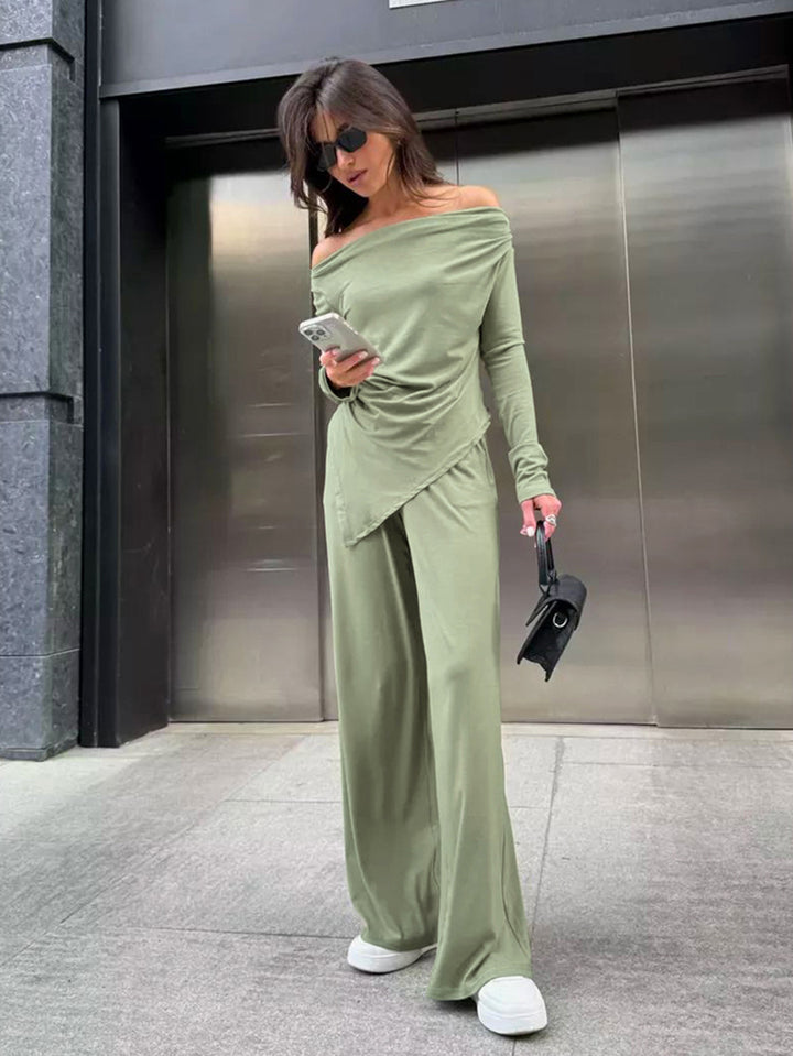 Boat neck long sleeve high waist wide leg pants casual top