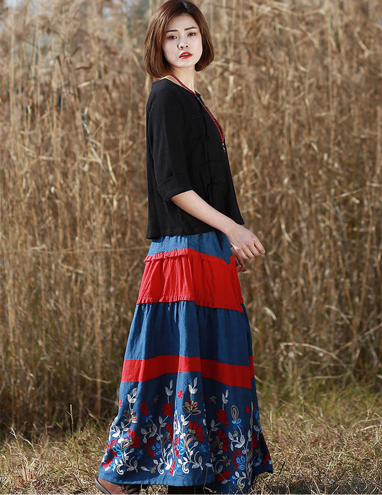 Bohemian Blue Floral Long A-line Skirt in Cotton/Linen