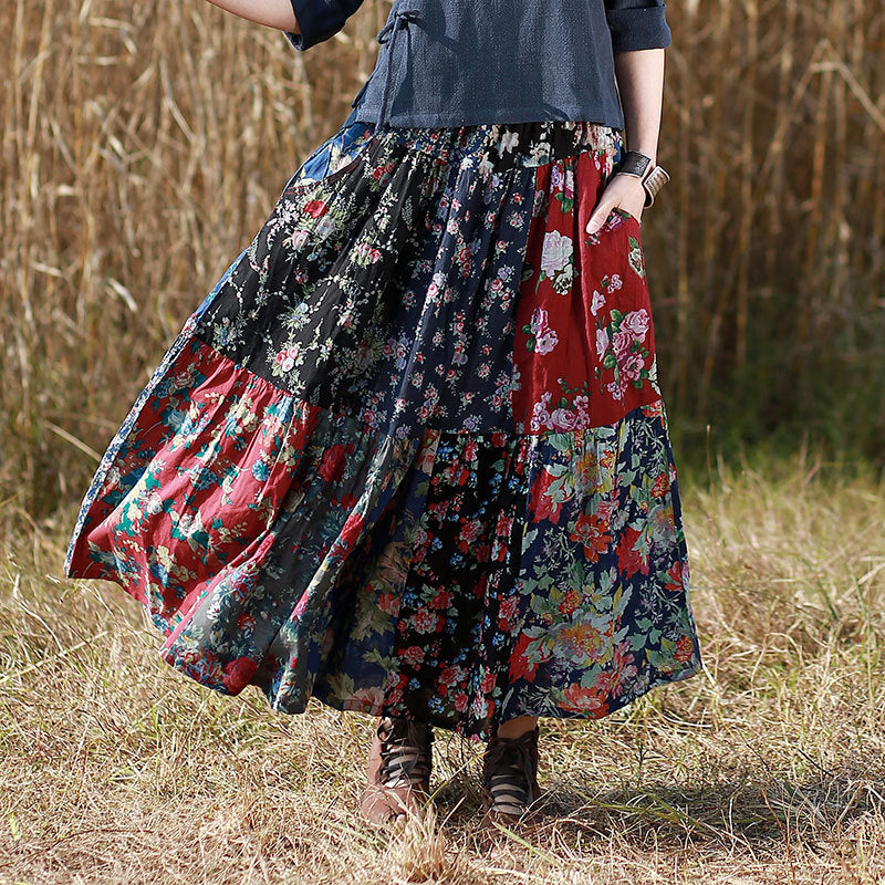 Red Boho Cotton A-Line Skirt with Pockets for Women-Women's Skirts-Thebesttailor-One size-Red-Cotton-Thebesttailor