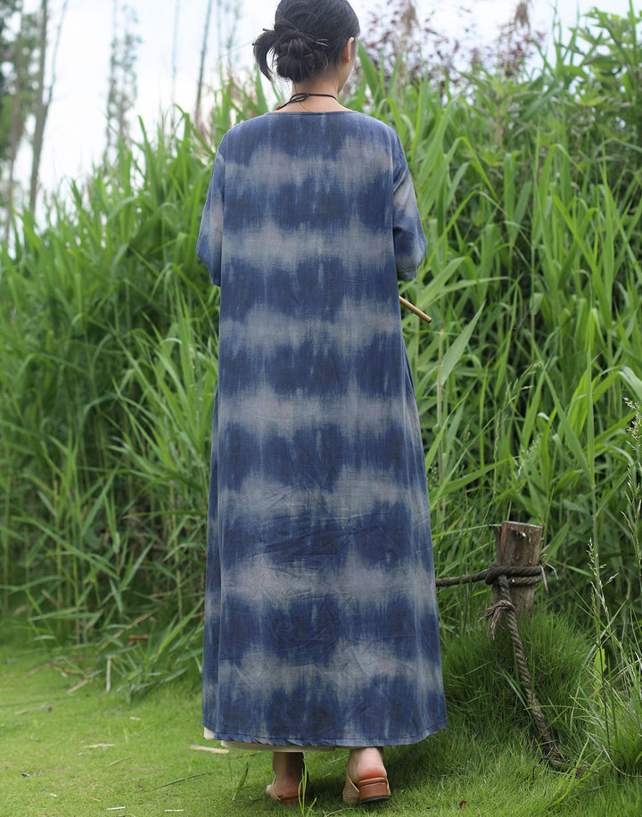 Bohemian Blue Striped Silk Tie-Dye Half-Sleeved Dress-Women's dress-Thebesttailor-Thebesttailor