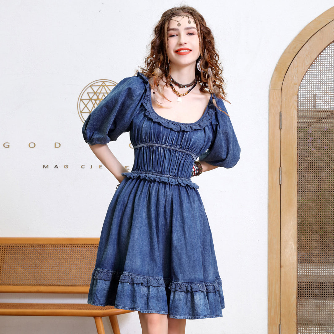 French blue denim dress midi ruffle dress Ruffle dress-Women's dress-Thebesttailor-Thebesttailor