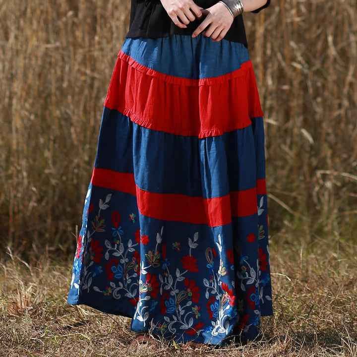 Bohemian Blue Floral Long A-line Skirt in Cotton/Linen