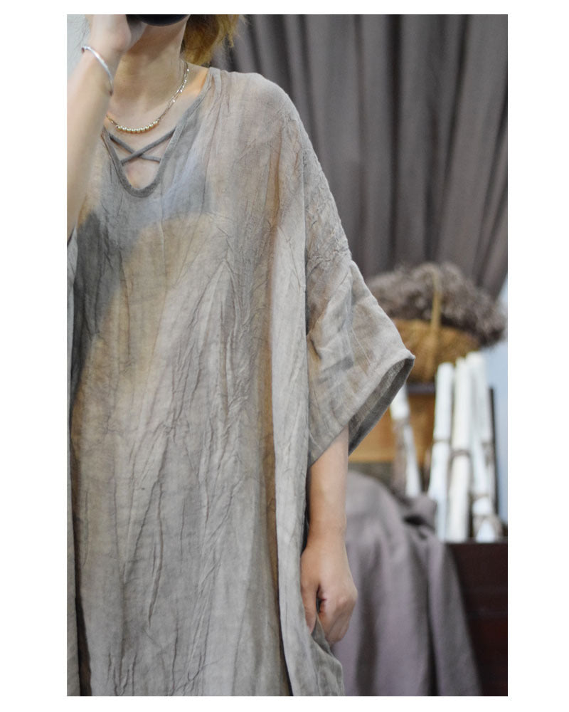 Retro V-Neck Half-Sleeve Linen Tunic Dress Robe