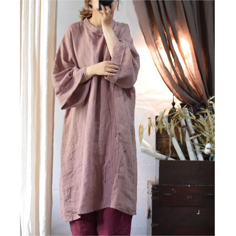 Retro Linen Tunic Dress Robe with Long Sleeves