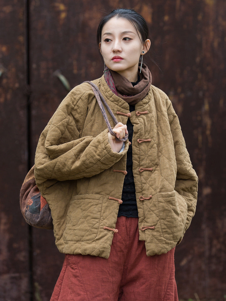 Retro Women's Long Sleeve Linen Padded Winter Coat