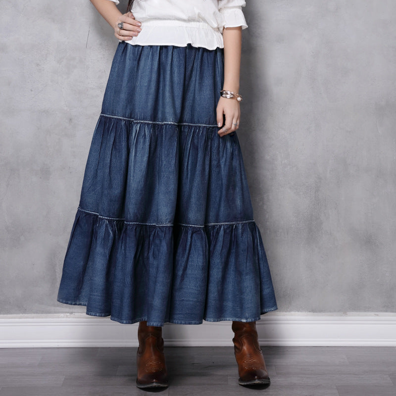 Blue denim skirt Formal Maxi Skirt High Waisted Skirt-Women's Skirts-Thebesttailor-S-Blue-Cotton-Thebesttailor