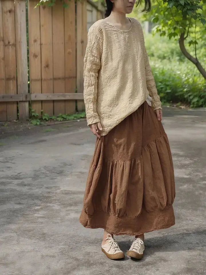 Vintage Caramel Linen Lantern Skirt with Artistic Flair Thebesttailor