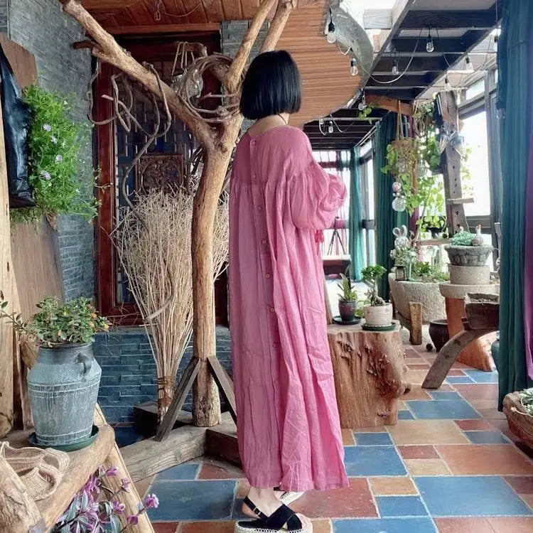 Retro Pink Linen Kaftan Maxi Dress with Pockets for Women Thebesttailor