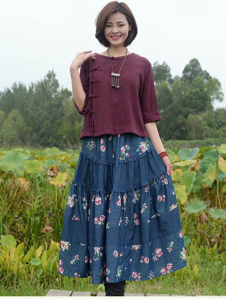 Bohemian Chic Long Denim Skirt for Free-Spirited Women