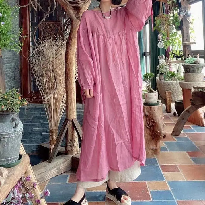 Retro Pink Linen Kaftan Maxi Dress with Pockets for Women Thebesttailor