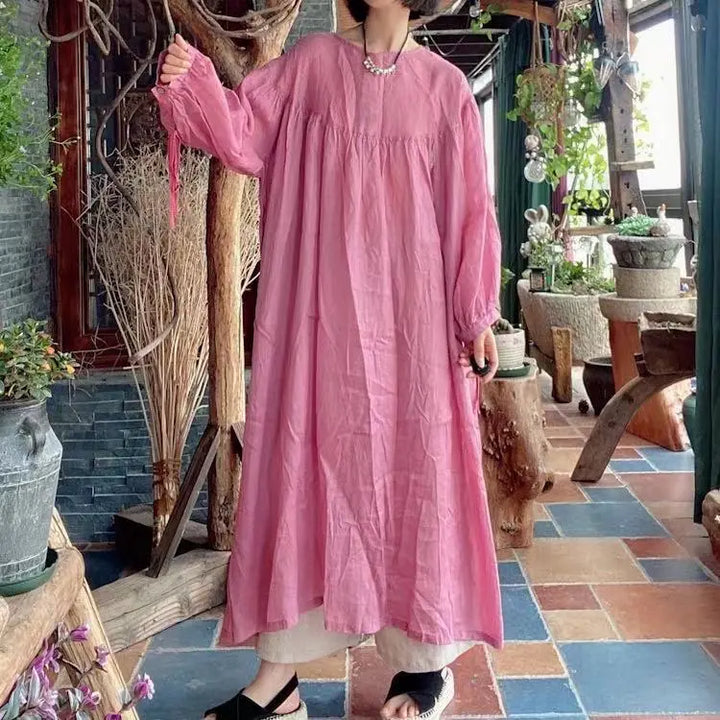 Retro Pink Linen Kaftan Maxi Dress with Pockets for Women Thebesttailor