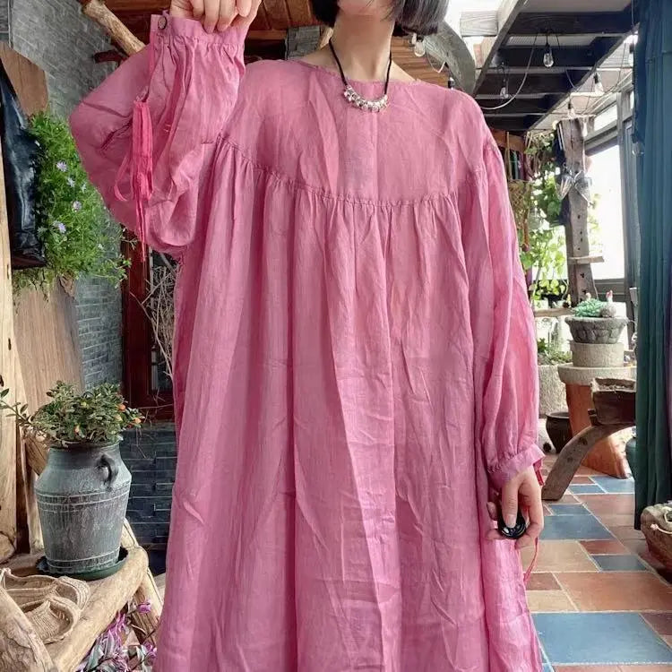 Retro Pink Linen Kaftan Maxi Dress with Pockets for Women Thebesttailor