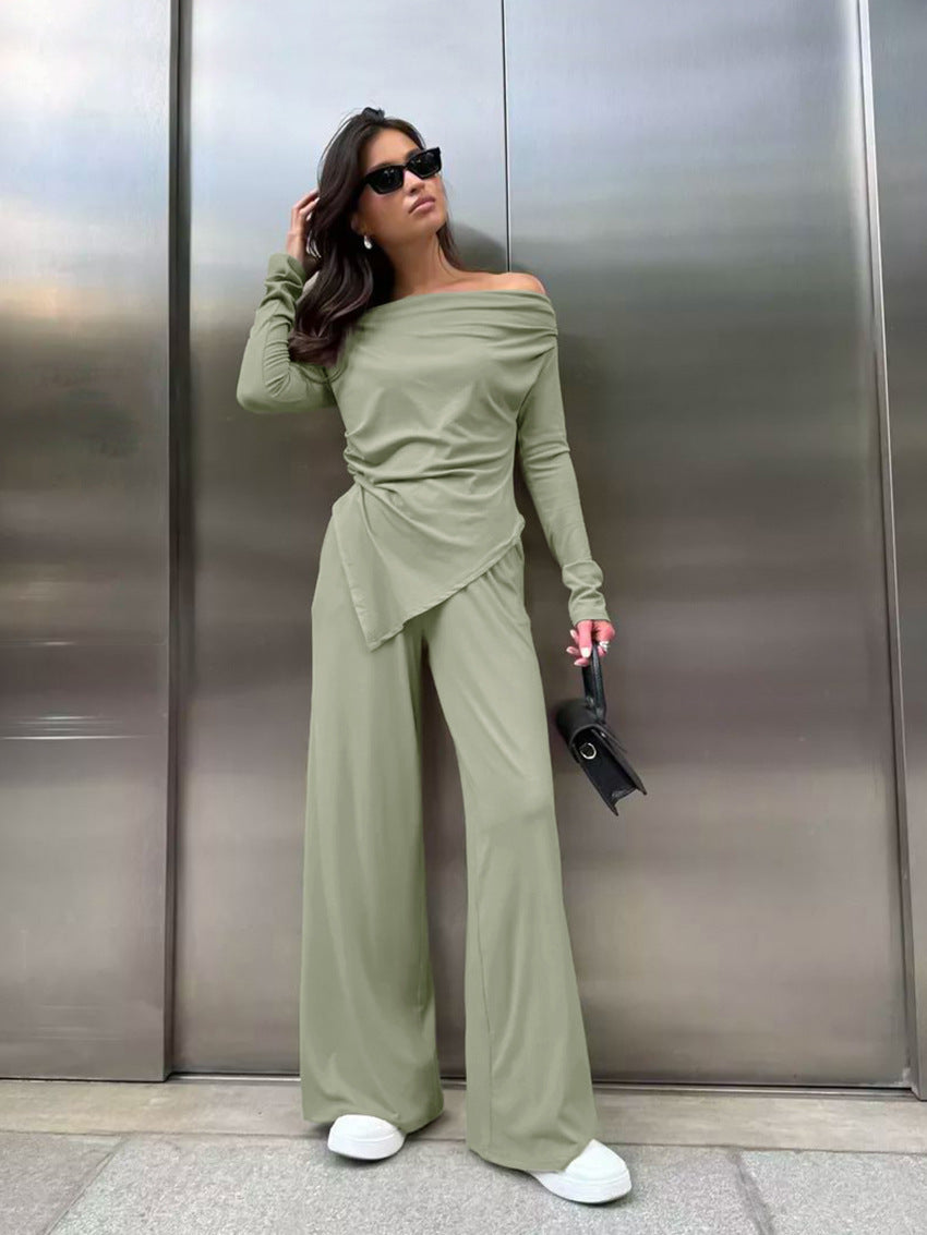 Boat neck long sleeve high waist wide leg pants casual top