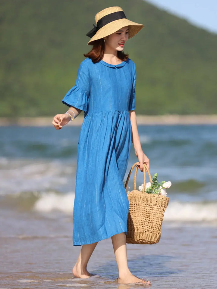 Women Blue linen long dress Fit and flare dressThis women blue linen long dress fit and flare dress is perfect for any occasion. It is suitable for daily wear, casual, office, beach, school, home, and street. It Women's dressThebesttailorThebesttailorWomen Blue linen long dress FitThebesttailorWomen Blue linen long dress Fit