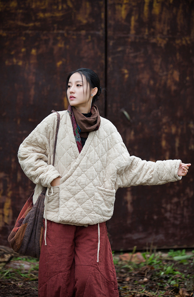 Retro Loose-Fit V-Neck Cotton and Linen Women's Winter Coat