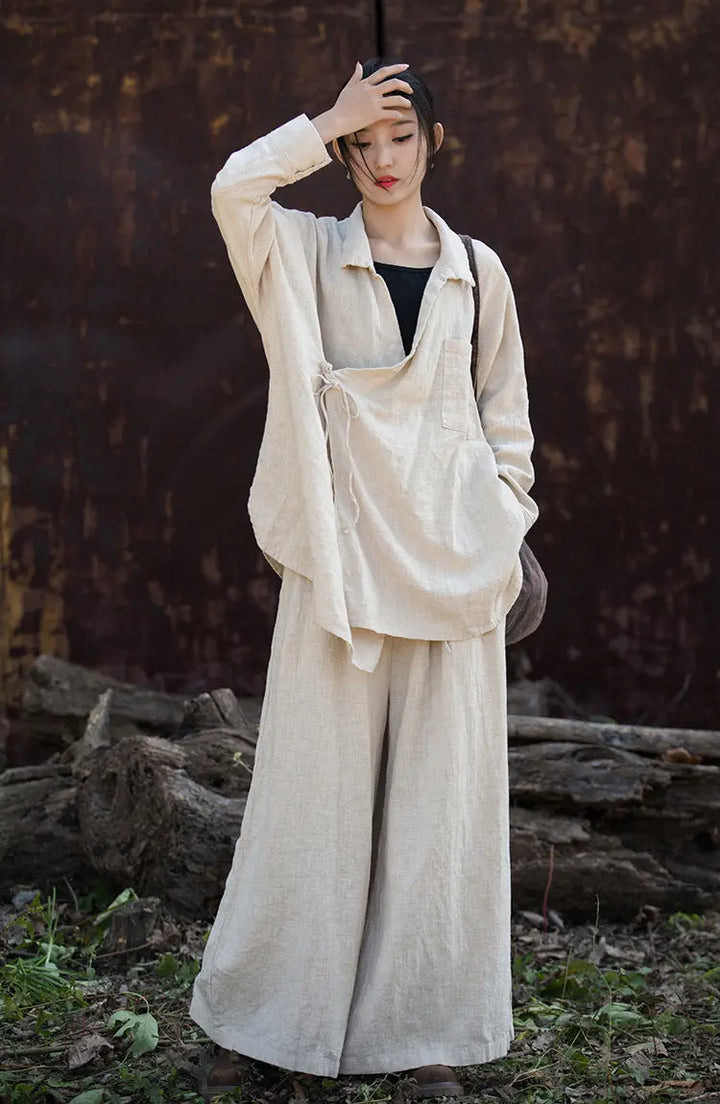 Vintage Lace-up Linen Cardigan with Retro Style Thebesttailor