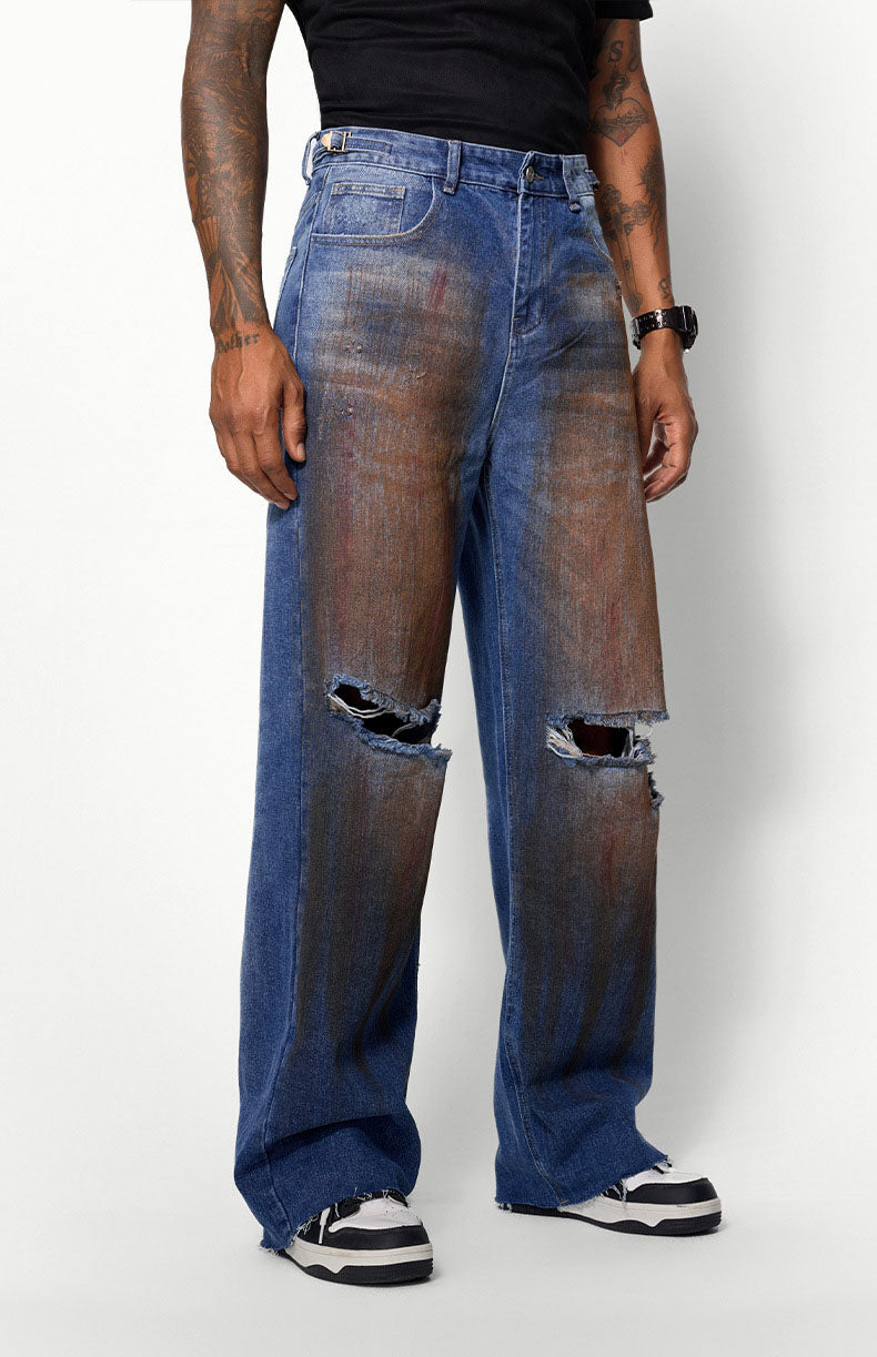 Men's blue wide-leg ripped jeans