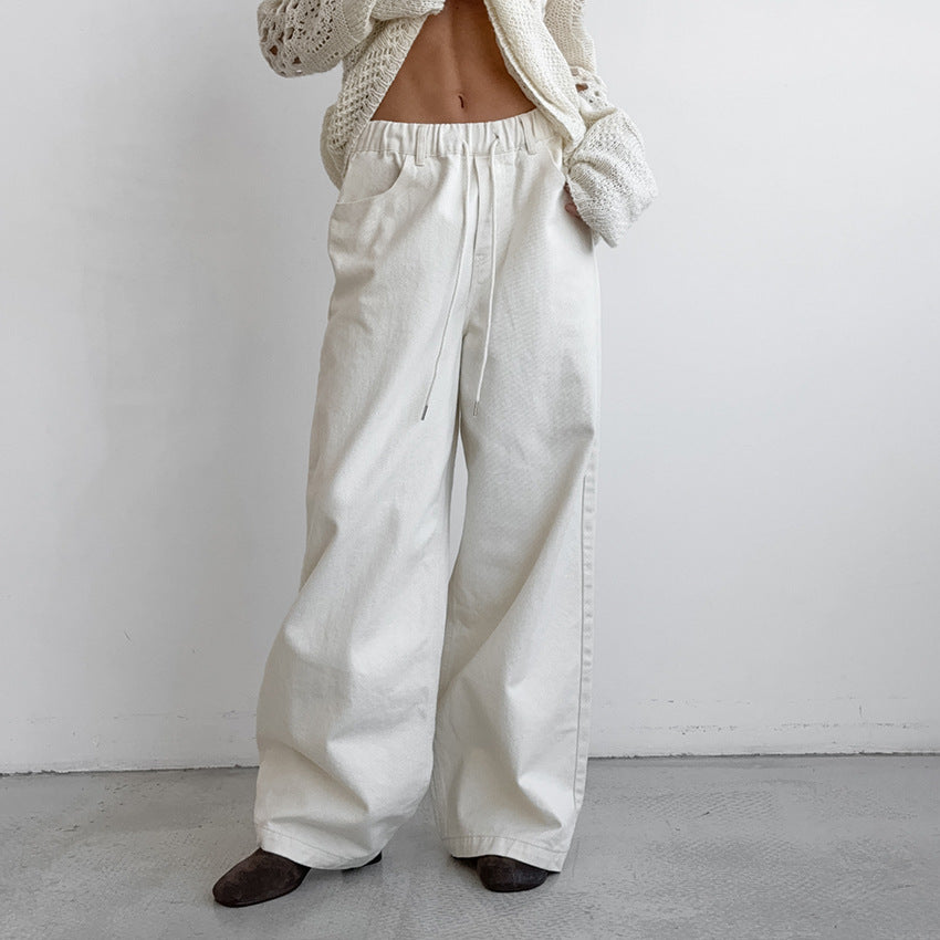 straight pants for women Pure cotton lace-up mid-waist wide-leg pants-Women's pants-Thebesttailor-S-White-Linen-Thebesttailor