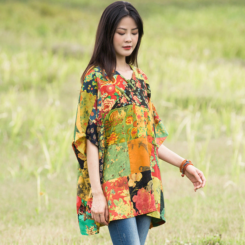 Retro Floral Loose Linen Spring Blouse for Women