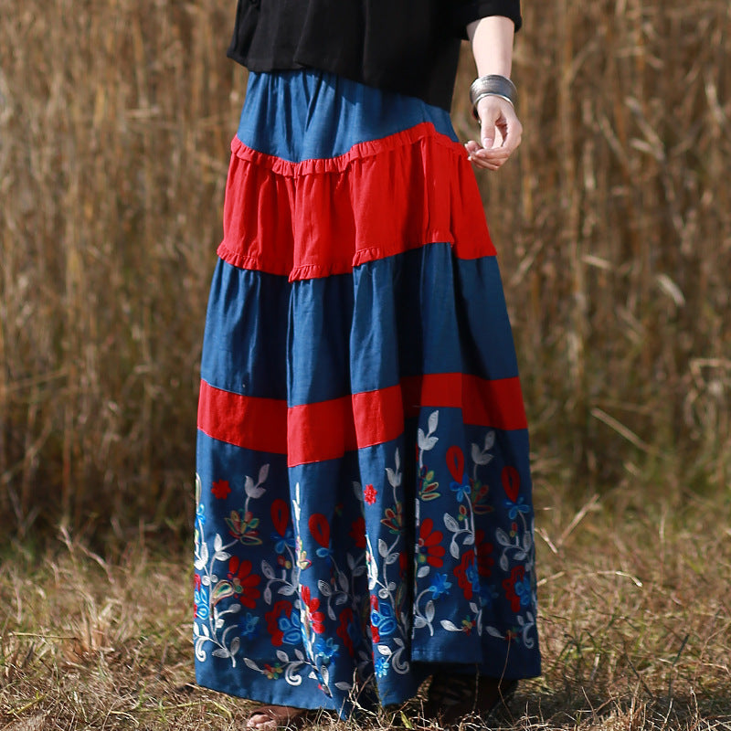 Bohemian Blue Floral Long A-line Skirt in Cotton/Linen