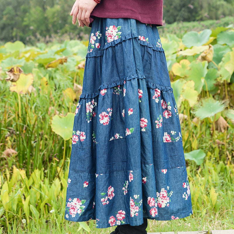 Bohemian Chic Long Denim Skirt for Free-Spirited Women