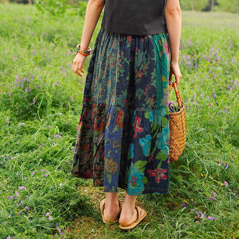 Red Boho Cotton A-Line Skirt with Pockets for Women