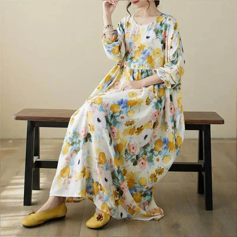 Women's Loose Fit Bohemian Yellow Floral Cotton Summer Dress Thebesttailor