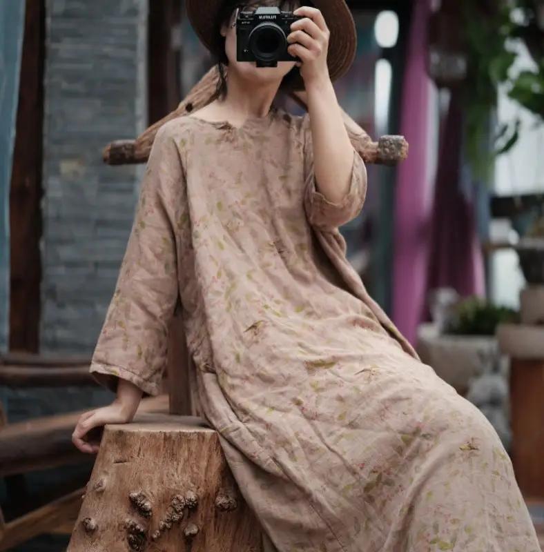 Vintage Cotton Printed V-Neck Robe Dress for Women's Summer