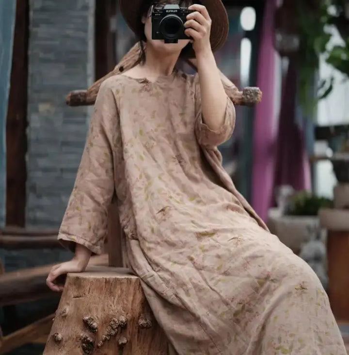 Vintage Cotton Printed V-Neck Robe Dress for Women's Summer Thebesttailor