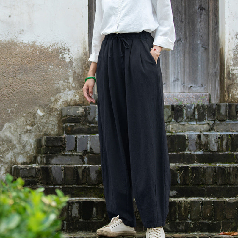 Sand-Washed Linen Tapered Carrot Pants with Drawstring