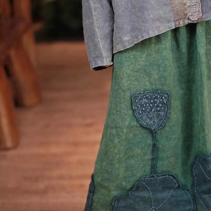 Elastic Waist Linen A-Line Skirt with Vintage Patch Details