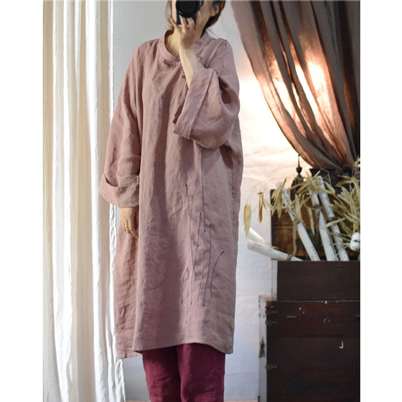 Retro Linen Tunic Dress Robe with Long Sleeves