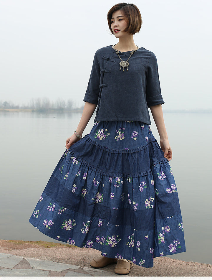 Bohemian Chic Long Denim Skirt for Free-Spirited Women