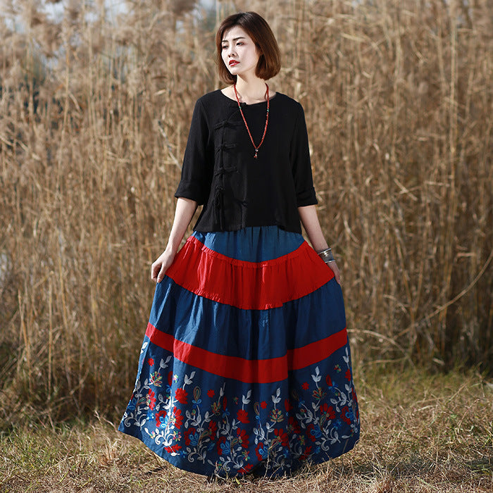 Bohemian Blue Floral Long A-line Skirt in Cotton/Linen