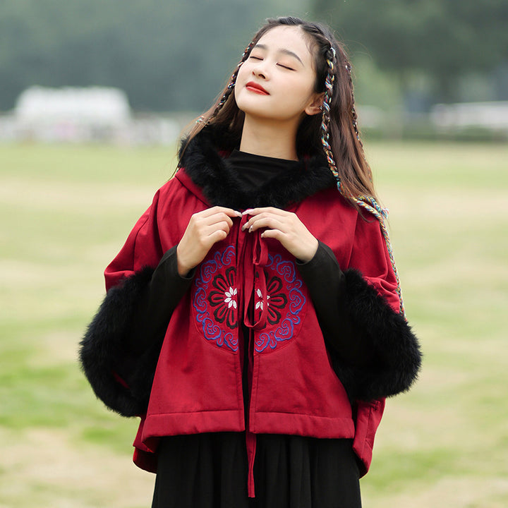 Vintage Embroidered Plush Hooded Cape Coat-Women's coat-Thebesttailor-One size-Red-Linen-Thebesttailor