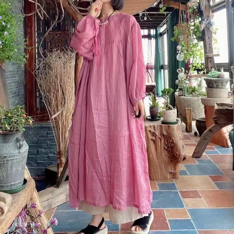 Retro Pink Linen Kaftan Maxi Dress with Pockets for Women Thebesttailor