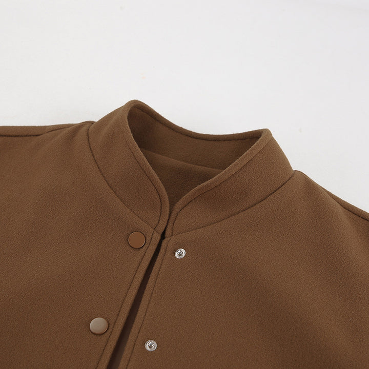 Brown woolen coat stand collar short jacket