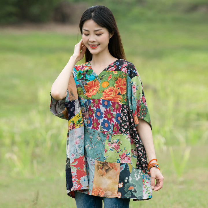 Retro Floral Loose Linen Spring Blouse for Women