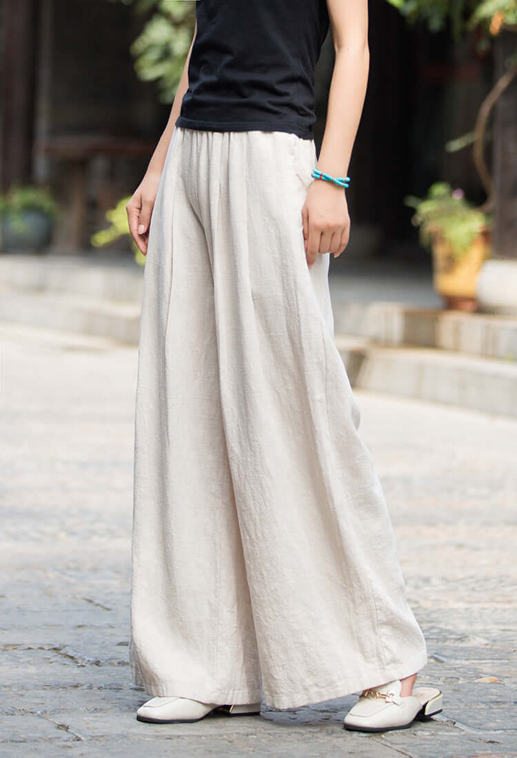 Elegant Linen Wide-Leg Pants with Elastic Waist for Women