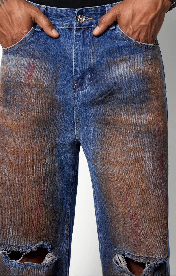 Men's blue wide-leg ripped jeans