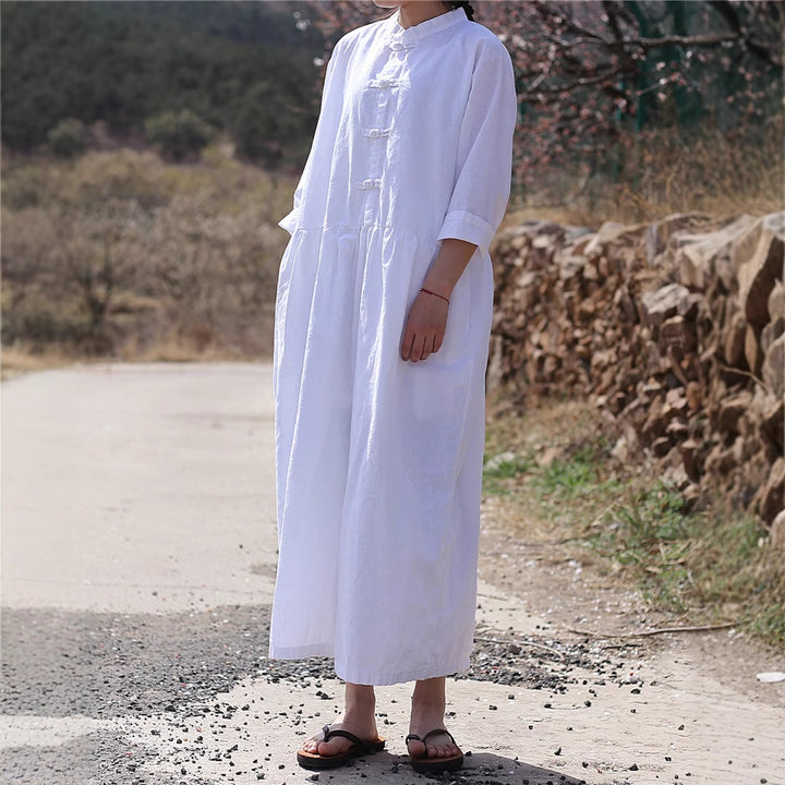 Linen Stand Collar Button-Up Loose-Fitting Dress