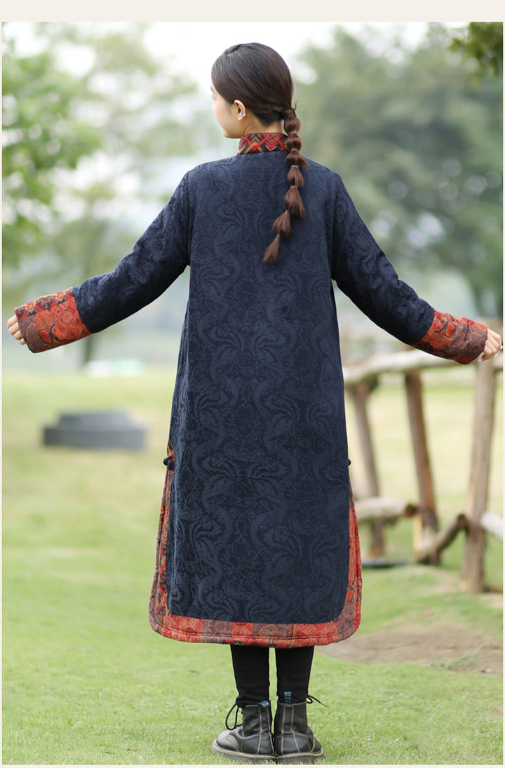 Retro Dark Blue Long Sleeve Jacquard Cotton Coat for Women